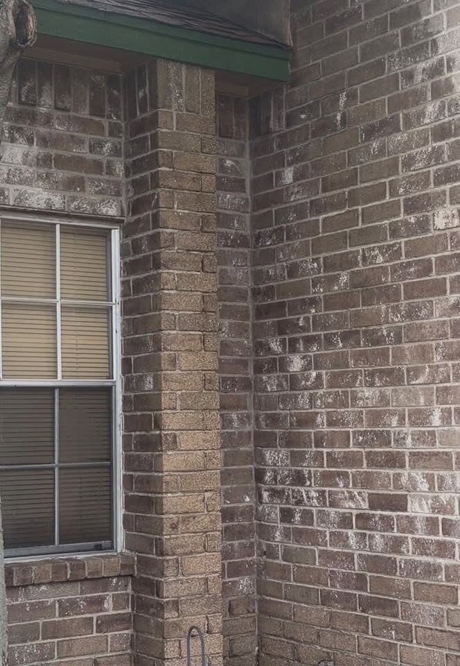 A brick porch corner with white efflorescence and dirt clouding the brickwork