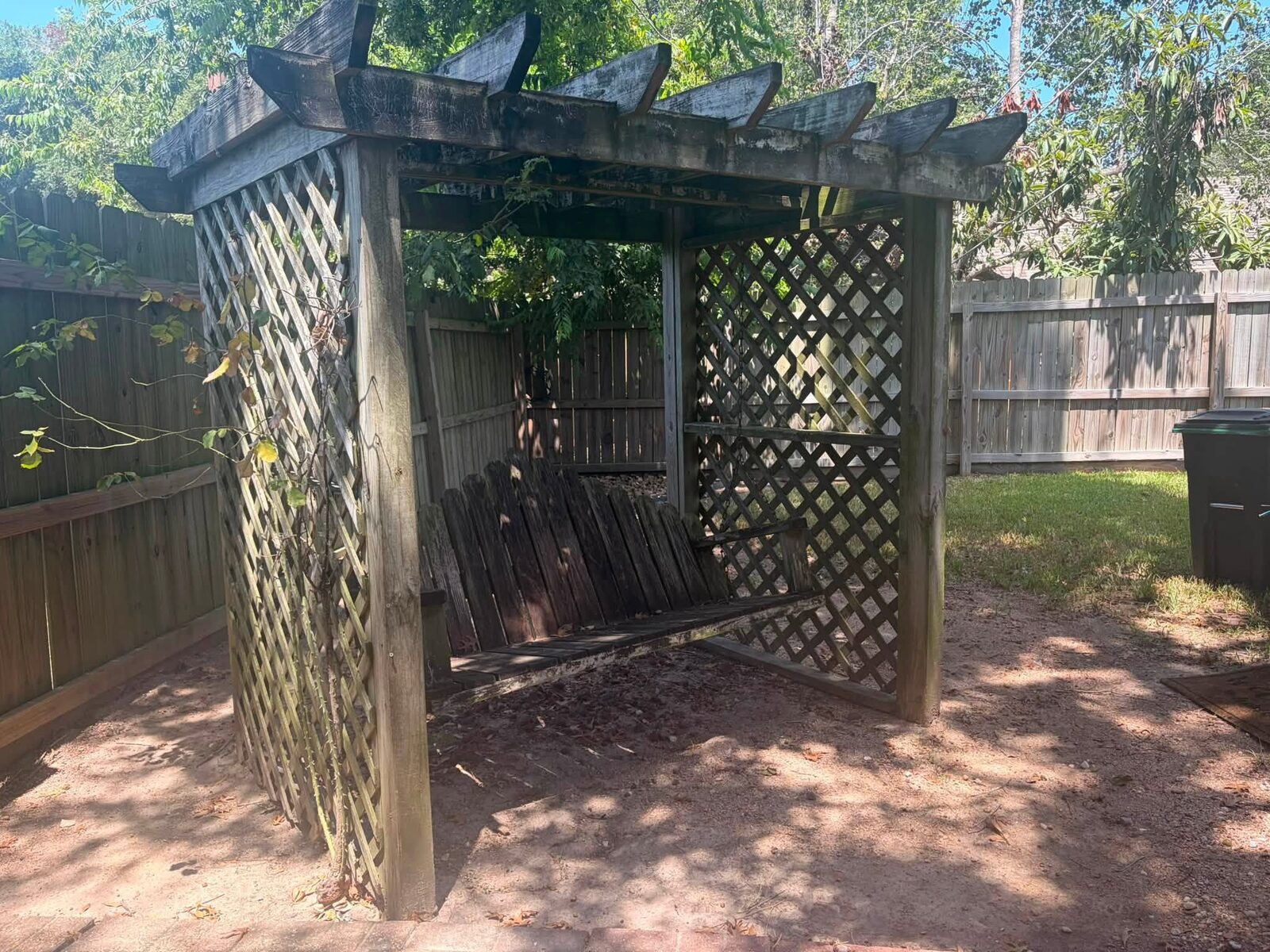 A backyard pergola swing weathered silver-grey with algae growing over the lattice