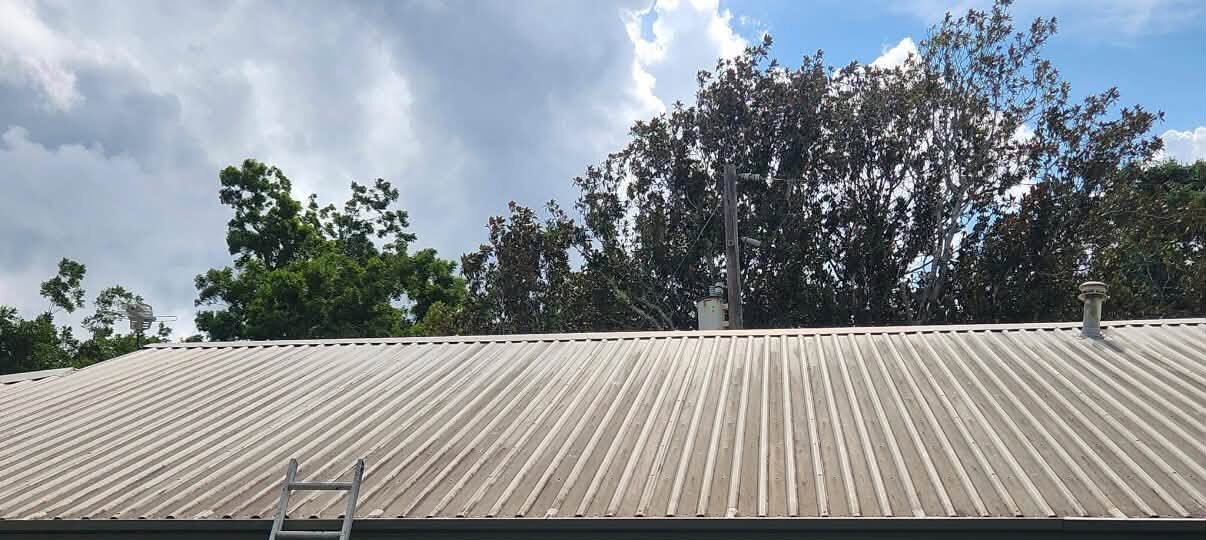 A metal porch roof stained brown and streaked, with a ladder leaning against the gutter