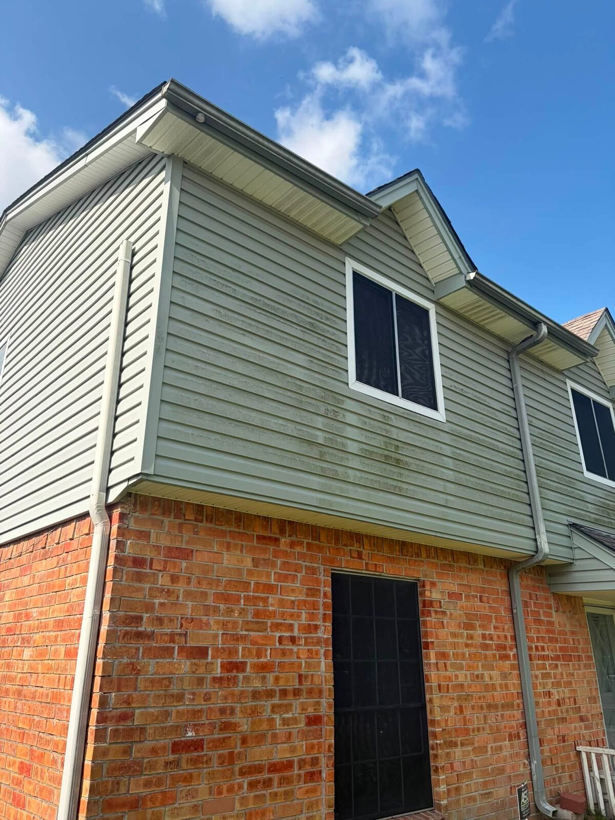 Pale green siding above brick, streaked and darkened with algae running down from the gutters